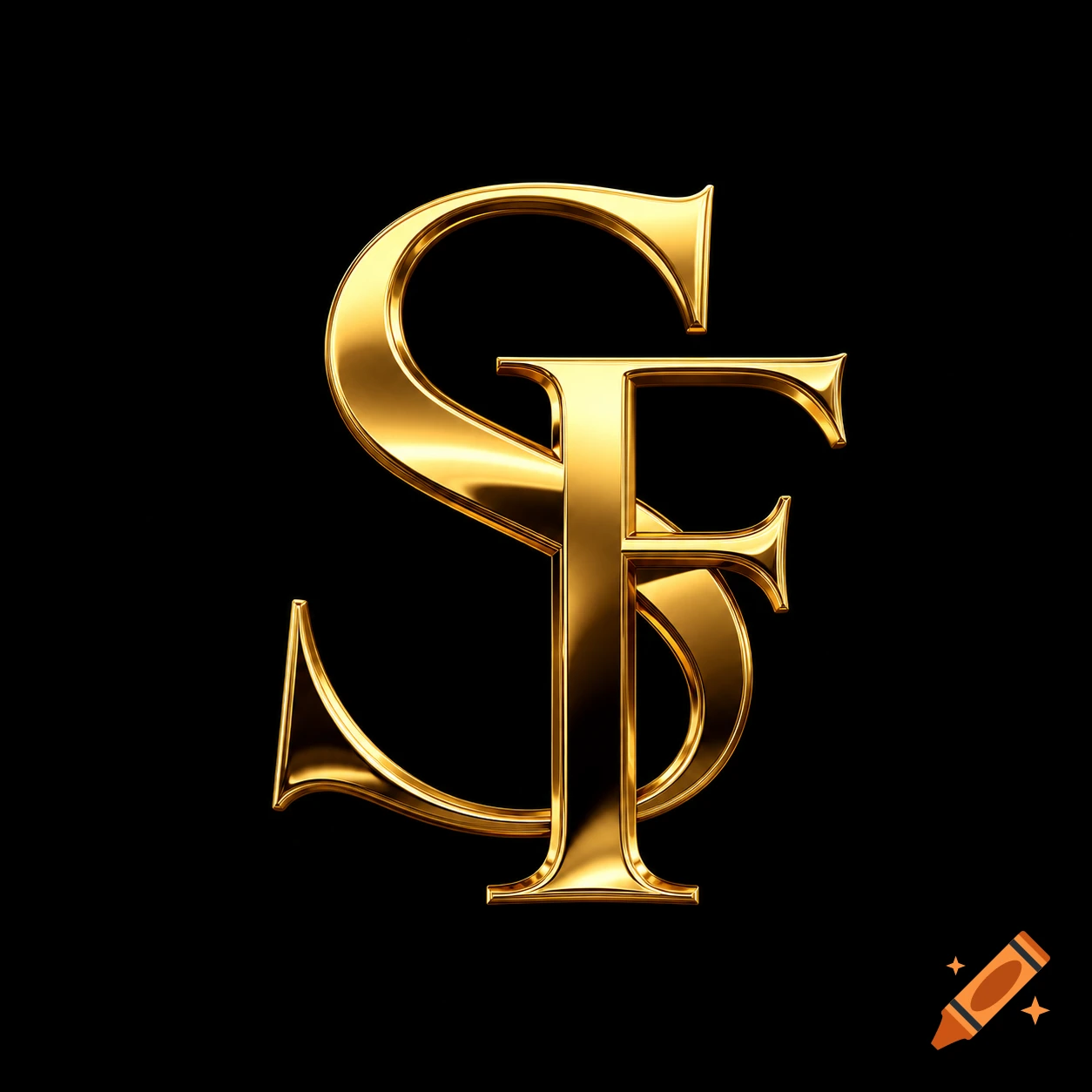 A shiny, metallic gold logo featuring intertwined letters 'S' and 'F' on a deep black background, in an elegant and professional style.