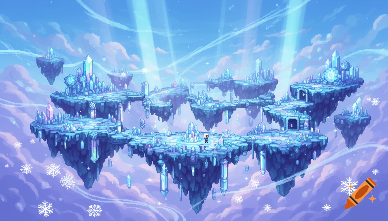 A pixel art landscape of interconnected floating islands made of ice and crystals, under a bright blue sky with sunbeams and snowflakes. A small figure stands on a central island.