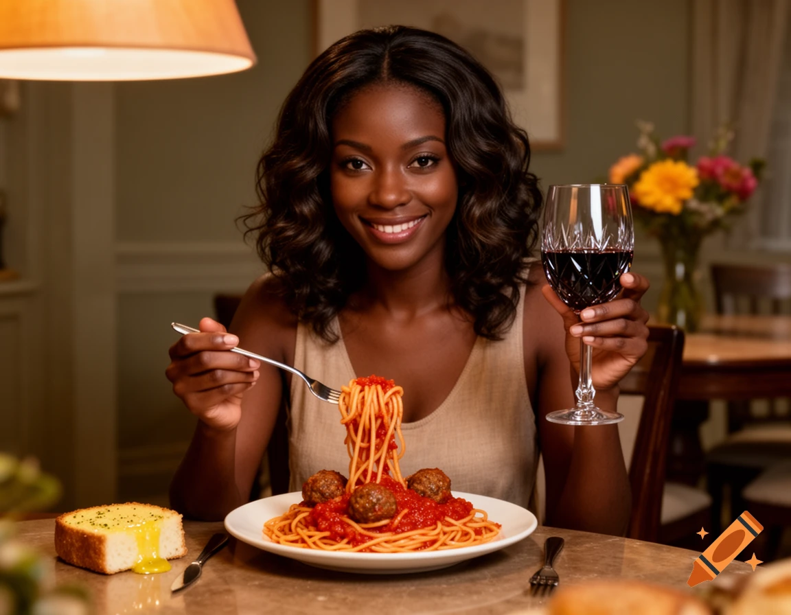 A smiling Black woman holds a fork with spaghetti and a glass of red wine at a dining table with garlic bread.
