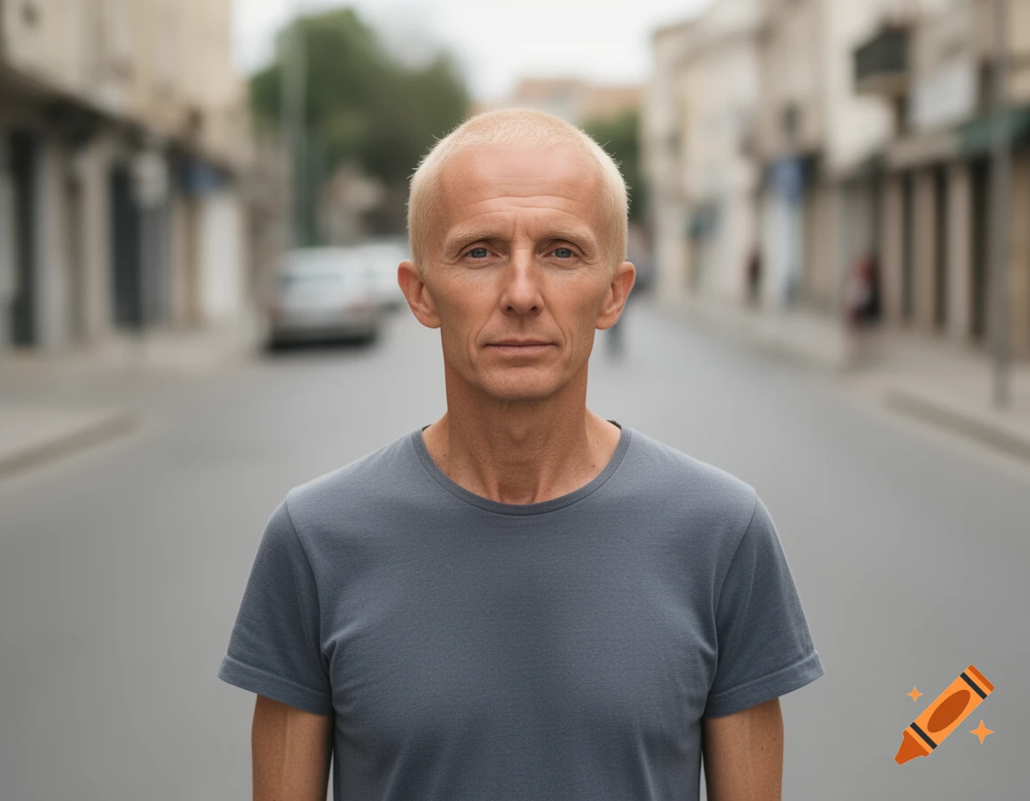 A slim man with short blond hair and a gray t-shirt stands centered on a blurry street.