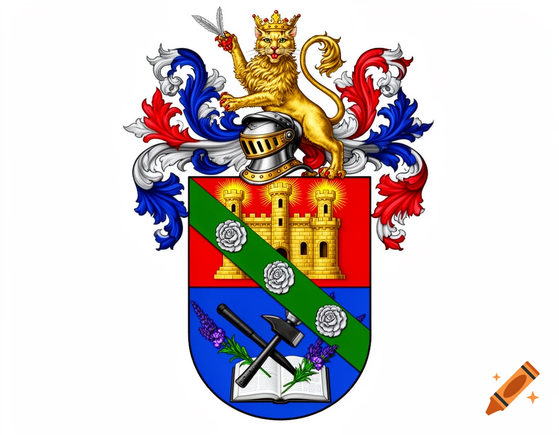 A colorful coat of arms featuring a crowned golden cat, a castle, roses, a book, tools, and lavender on a white background.
