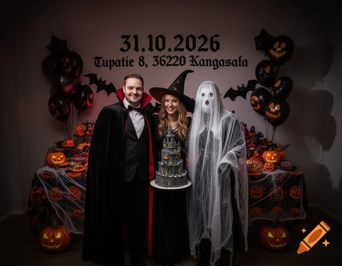 A man in a vampire cape, a woman in a witch hat, and a person in a ghost costume pose with a castle cake at a Halloween-themed party.