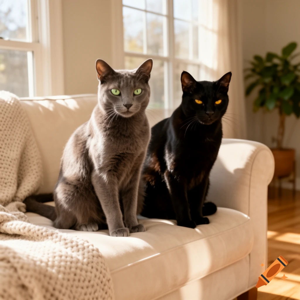 A gray cat with green eyes and a black cat with orange eyes sit on a white couch in a sunlit room.