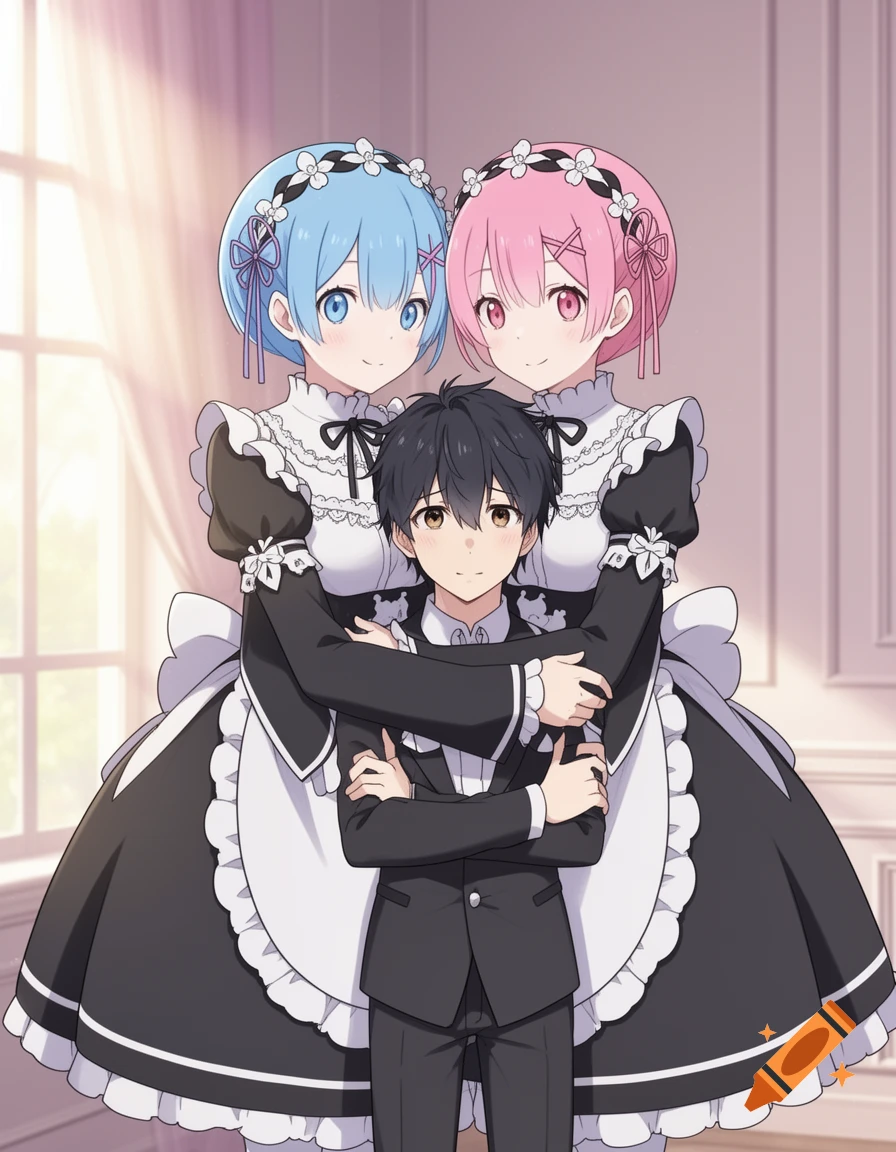 Anime illustration of two maids with blue and pink hair hugging a young man in a suit.