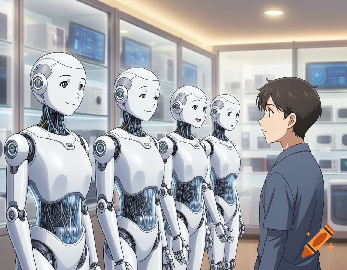In an anime style, a young man looks at a row of smiling humanoid robots displayed in a household appliance store.