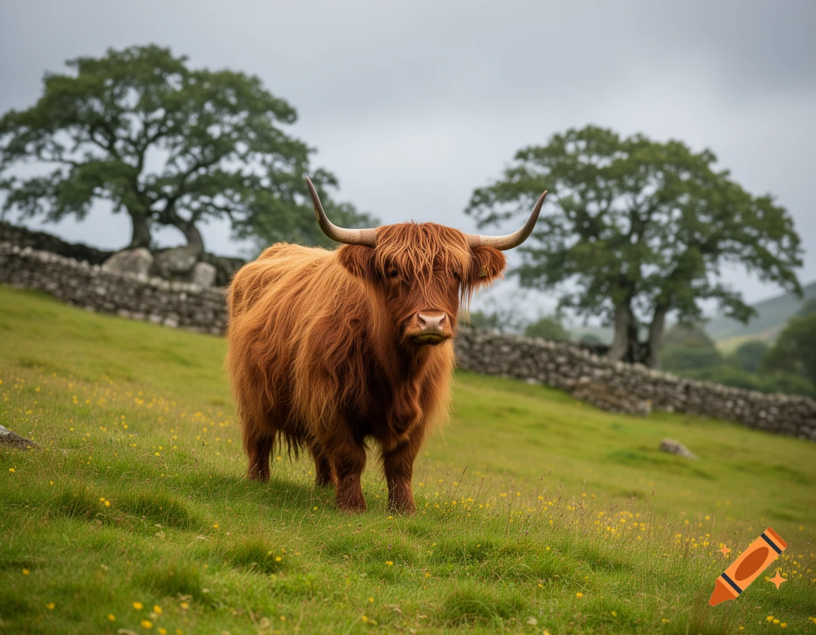 A shaggy reddish-brown Highland cow with long horns stands in a grassy field on a cloudy day, with a stone wall and trees in the background.
