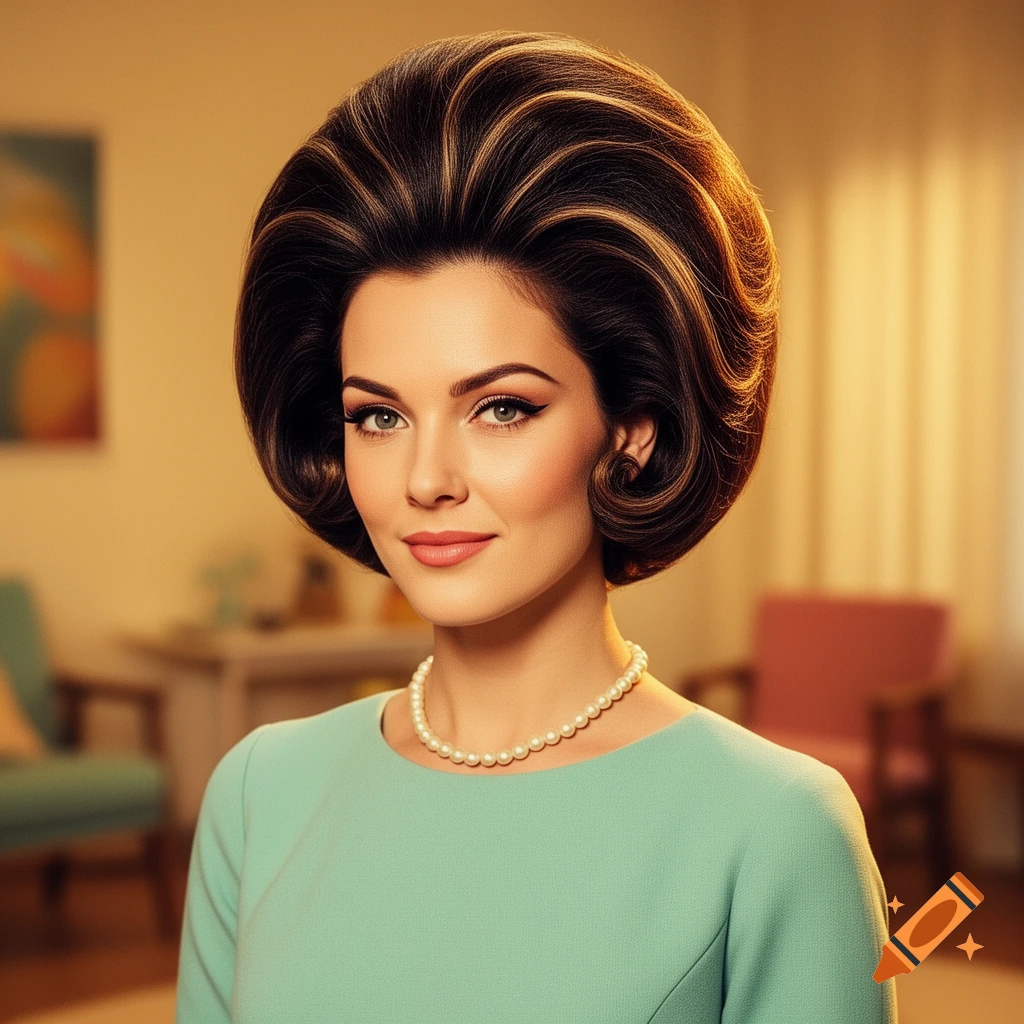 A woman with a prominent 60s bouffant hairstyle and a pearl necklace wears a teal dress, posing in a warm-toned room.