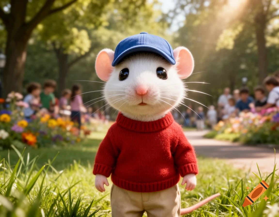 A photorealistic white mouse in a red sweater and blue baseball cap stands in a sunny park with blurred children and flowers in the background.