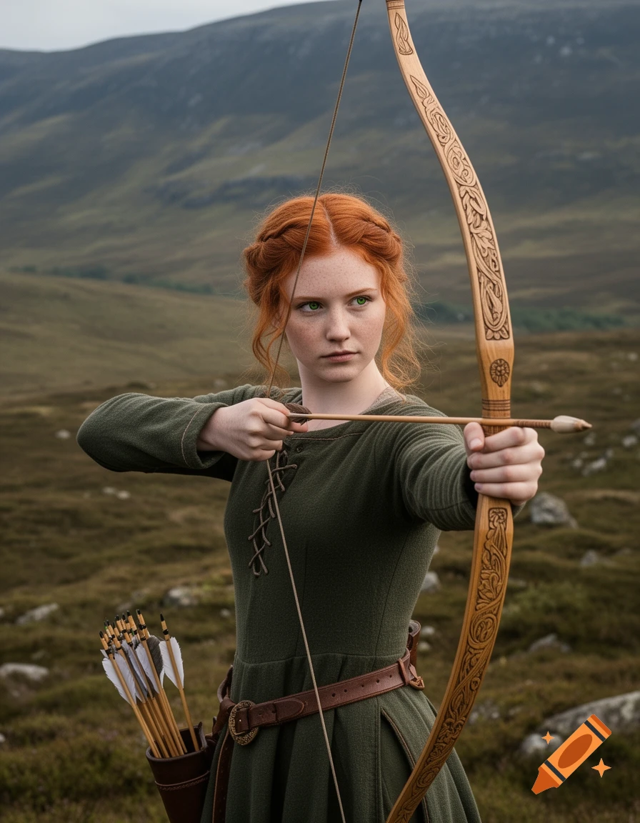 A photorealistic image of a red-haired woman in a green dress aiming a Celtic-patterned wooden bow in a hilly landscape.