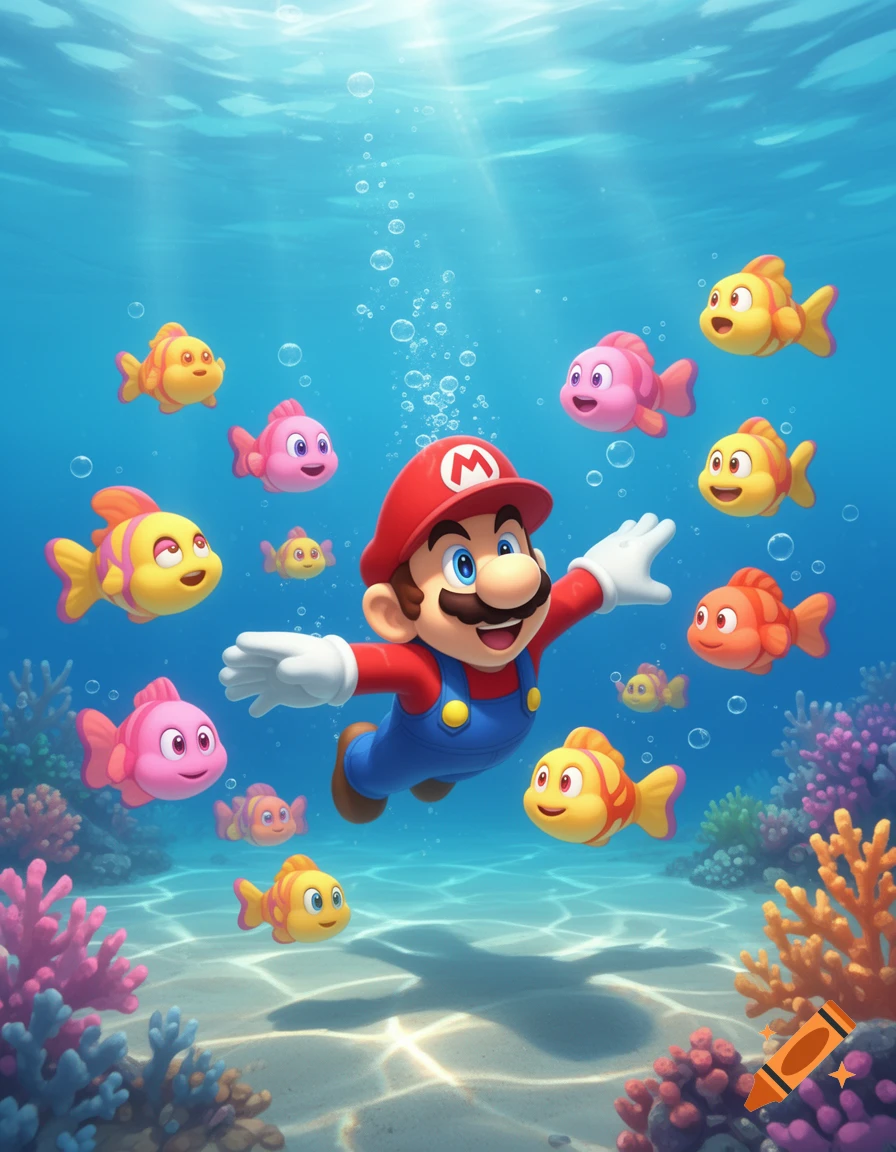 Super Mario happily swims underwater surrounded by numerous smiling colorful fish and coral in a vibrant cartoon style.