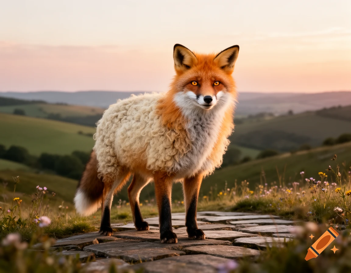A photorealistic sheep-fox hybrid with curly cream fur stands on a stone path in a rolling green landscape at sunrise.