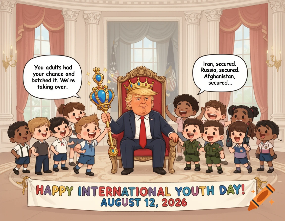 Cute illustration: Donald Trump on a throne with a crown, surrounded by children holding a scepter, with satirical text.
