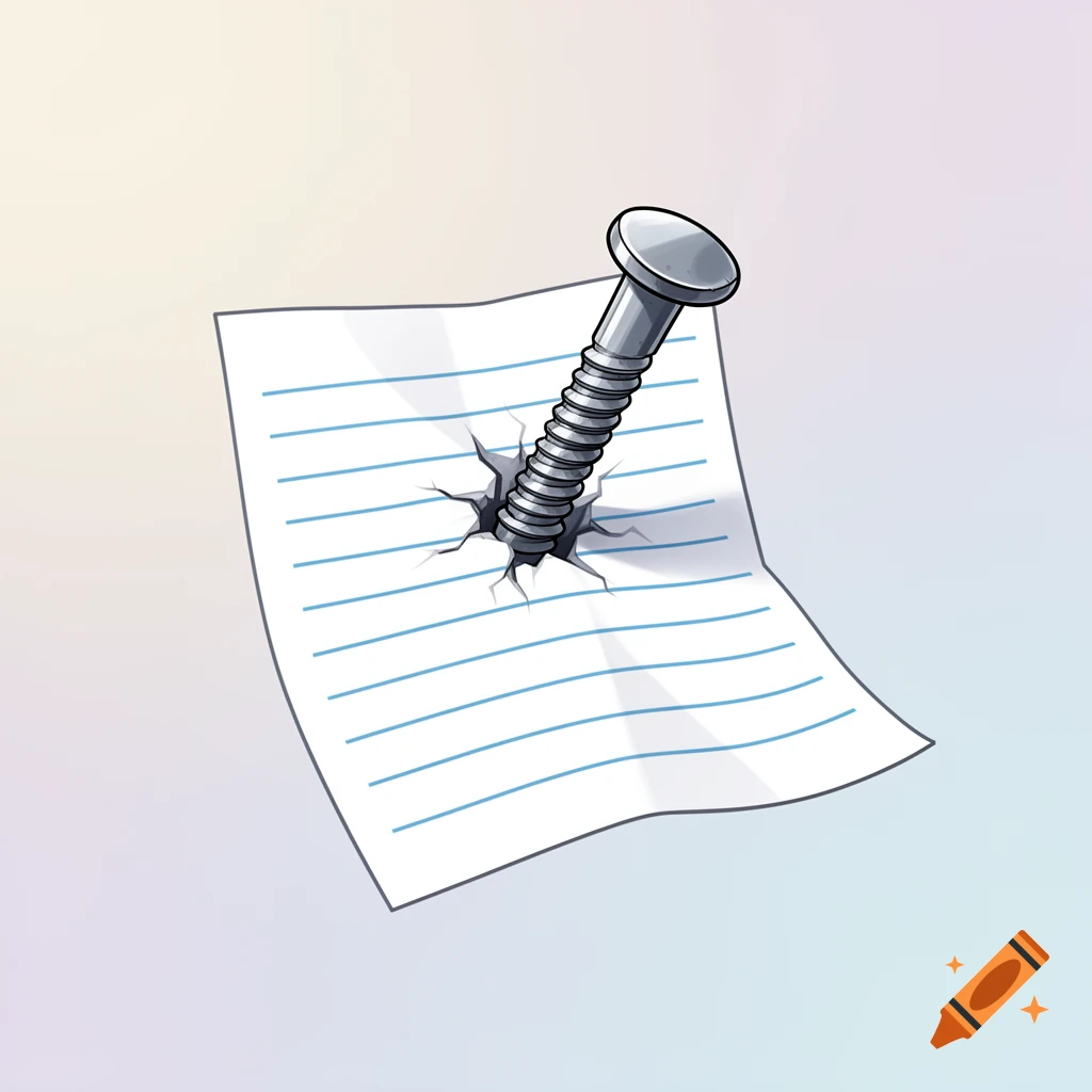 A cartoon illustration of a metallic screw penetrating a piece of lined white paper, creating cracks.