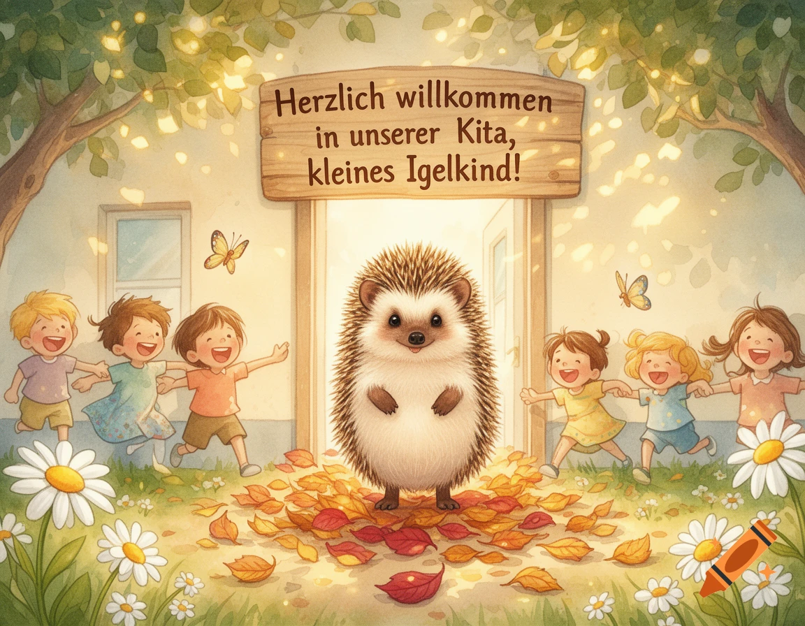 Watercolor illustration of a cute hedgehog surrounded by smiling children, autumn leaves, and daisies, with a welcome sign above.