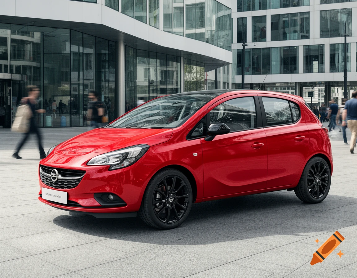 A red Opel Corsa-E car with black wheels parked on a city plaza in front of modern glass buildings.