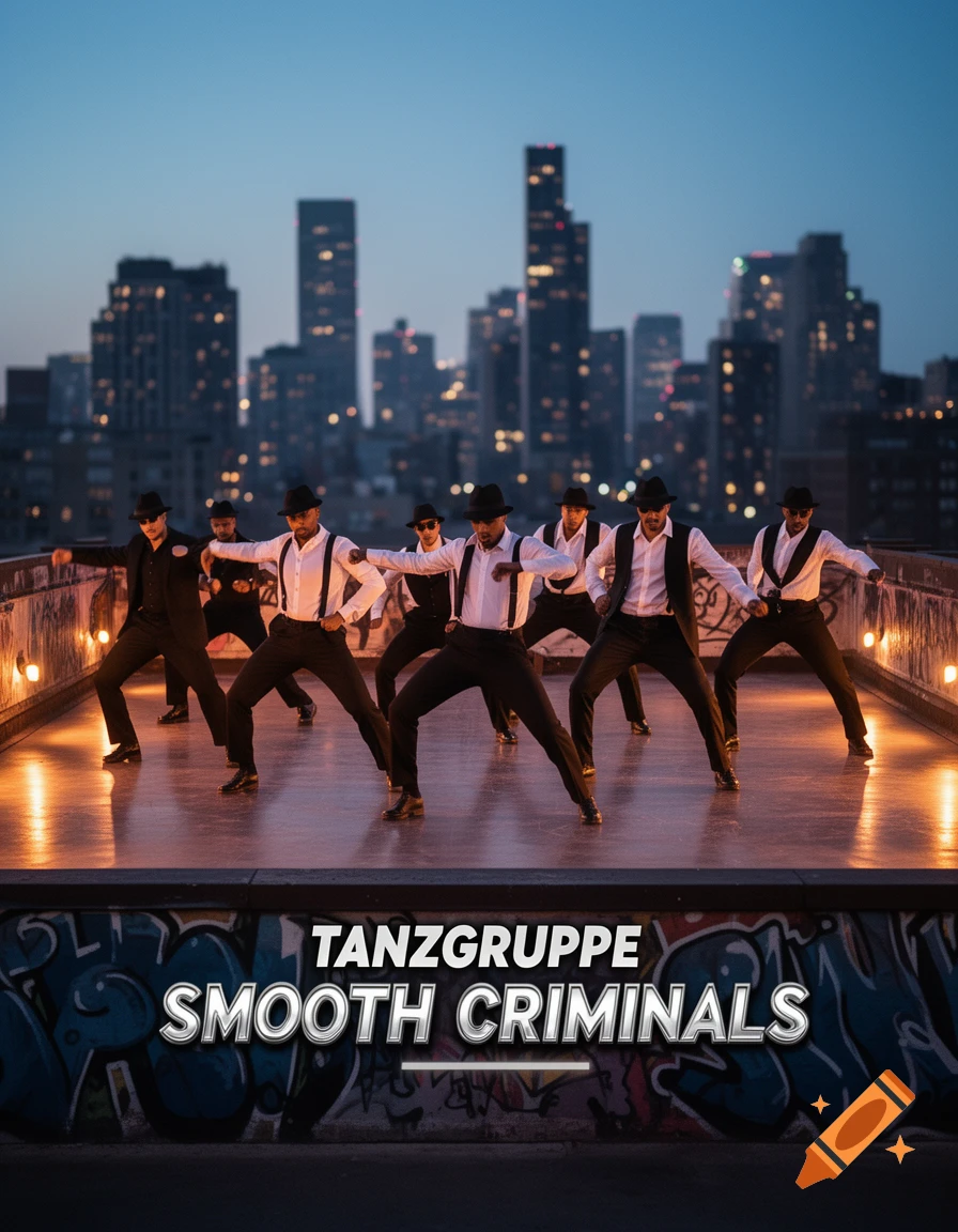 A dance group in fedoras and suits performs on a rooftop with a city skyline at dusk. Text reads 'TANZGRUPPE SMOOTH CRIMINALS'.