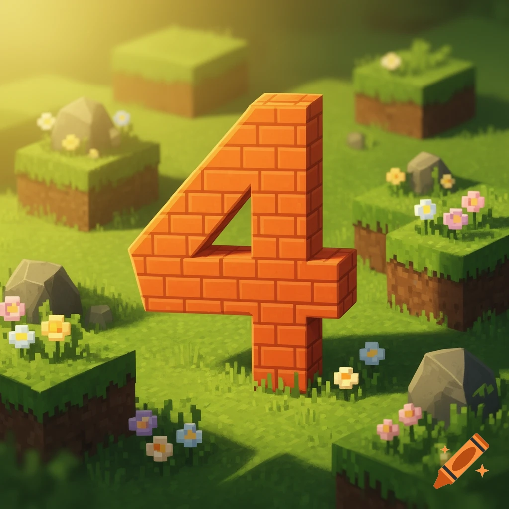 A blocky orange brick number 4 stands in a sunny, pixelated Minecraft-style grassy landscape with small rocks and flowers.