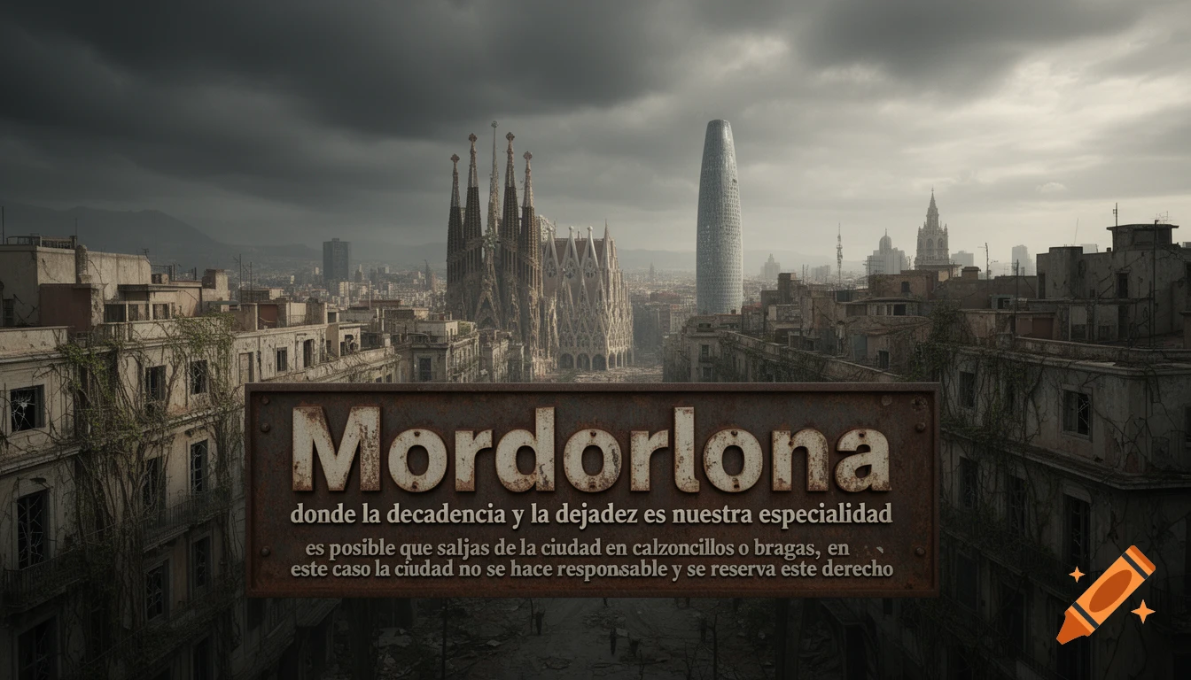 A dark, abandoned Barcelona skyline with the Sagrada Familia and Torre Glòries under a cloudy sky, with a sign in the foreground reading "Mordorlona".