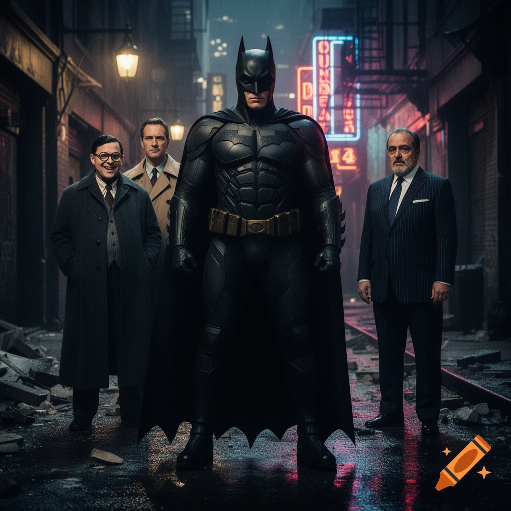Batman stands in a dark, rainy alley with three men beside him, illuminated by glowing neon signs in a photorealistic style.