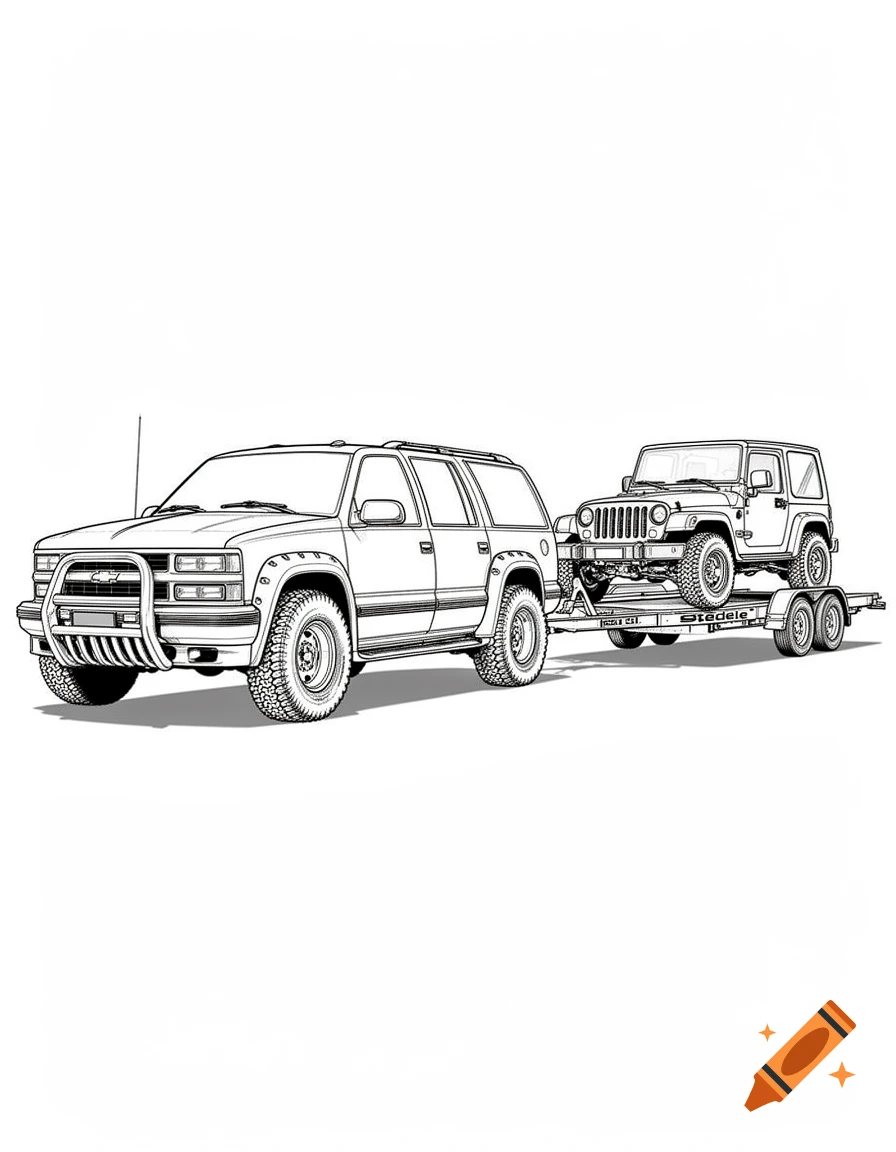 A black and white line drawing of a Chevrolet Suburban towing a triple-axle trailer with a Jeep Wrangler on it, styled as a coloring page.