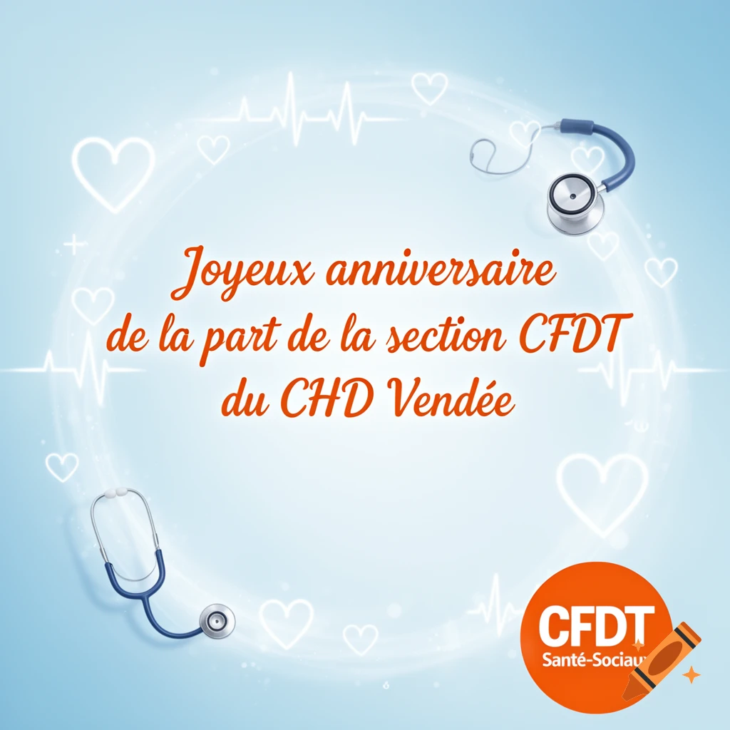 Birthday card with "Joyeux anniversaire" text, stethoscopes, heart monitor lines, and "CFDT Santé-Sociaux" logo on a blue background.