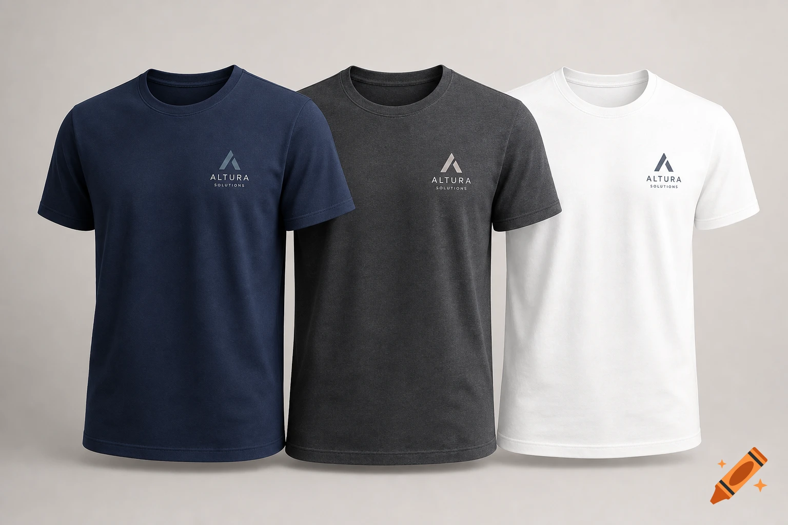 Three t-shirts in navy, charcoal, and white, each featuring a 'ALTURA SOLUTIONS' logo, against a light background.