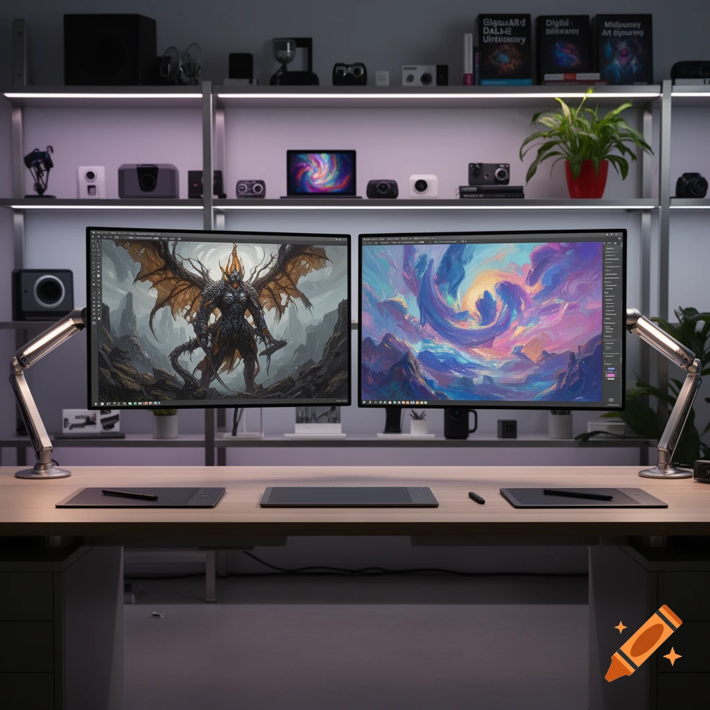A professional desk setup with two large monitors displaying fantasy art and abstract swirling colors, with shelves above holding various tech gadgets and books.