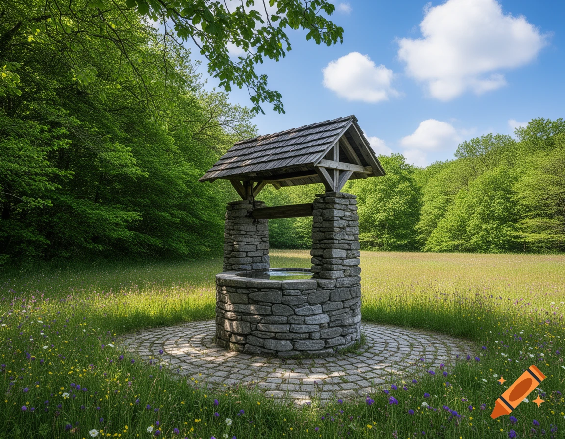 A photorealistic wishing well with a wooden roof stands on a cobblestone path in a vibrant green meadow with wildflowers, surrounded by trees under a blue sky.