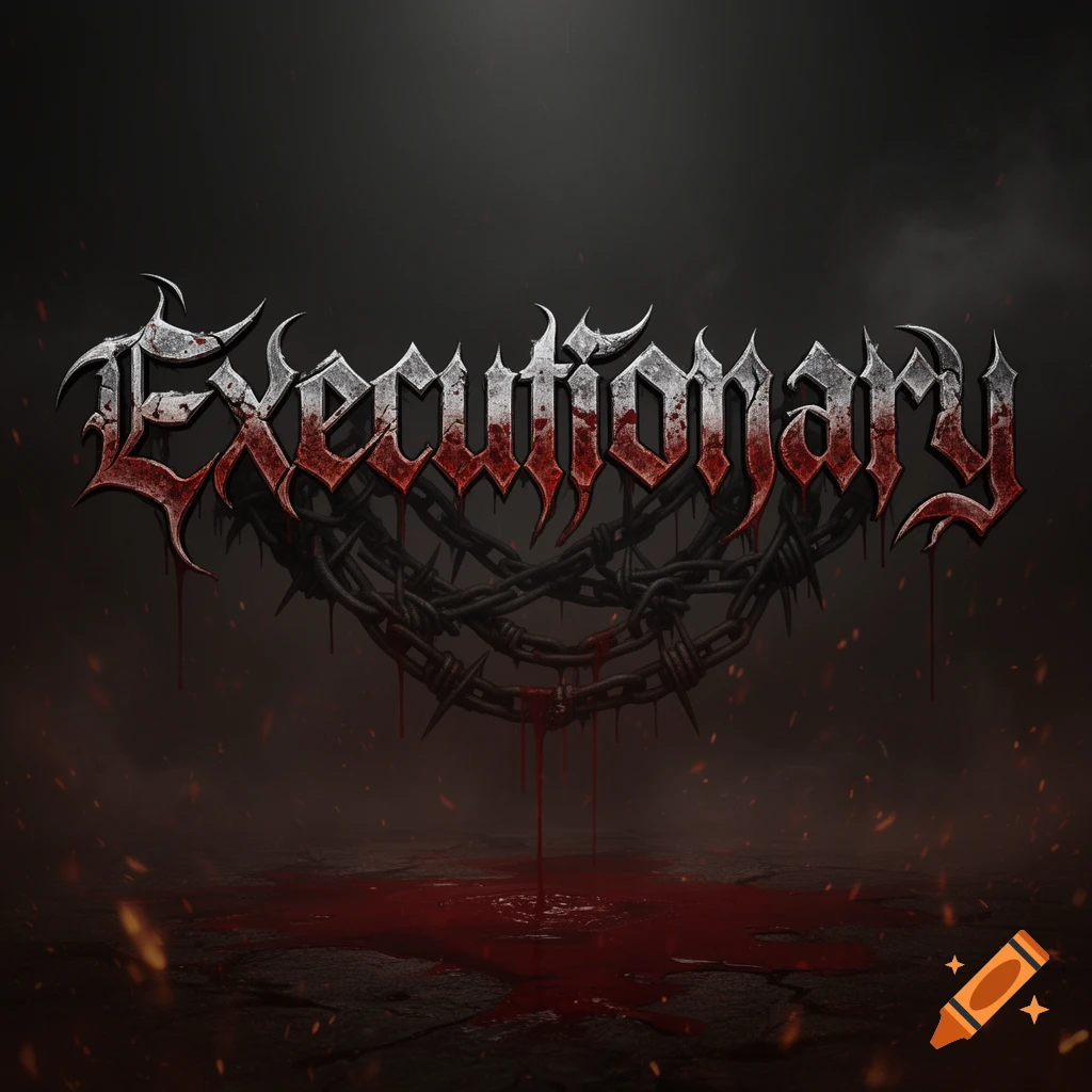 Brutal death metal logo for 'Executionary' with blood-splattered jagged text, barbed wire, and pools of blood on a dark, smoky ground.