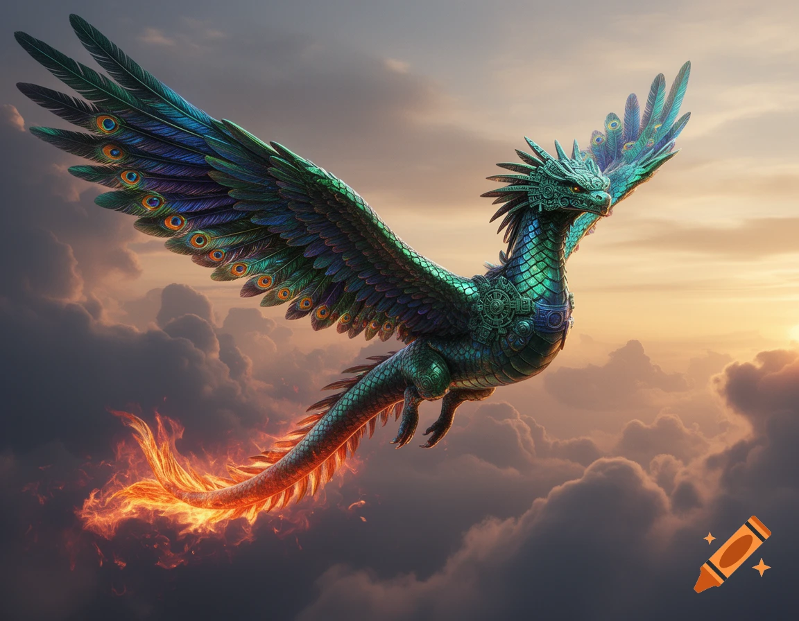 A majestic metallic green and blue feathered serpent with a fiery tail flies through sunset clouds, adorned with Aztec-inspired patterns.
