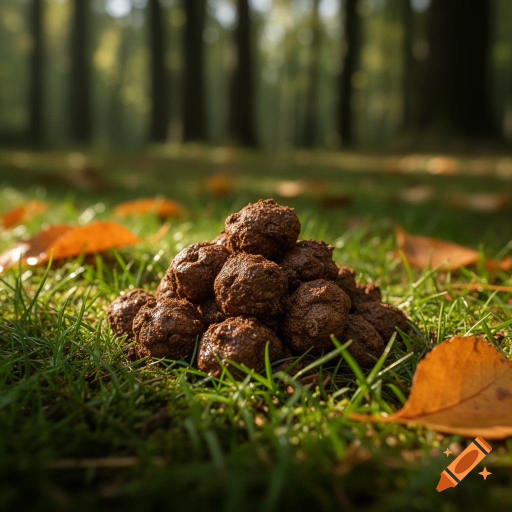 A pile of dark brown feces sits on green grass with fallen autumn leaves in a sunlit forest background.