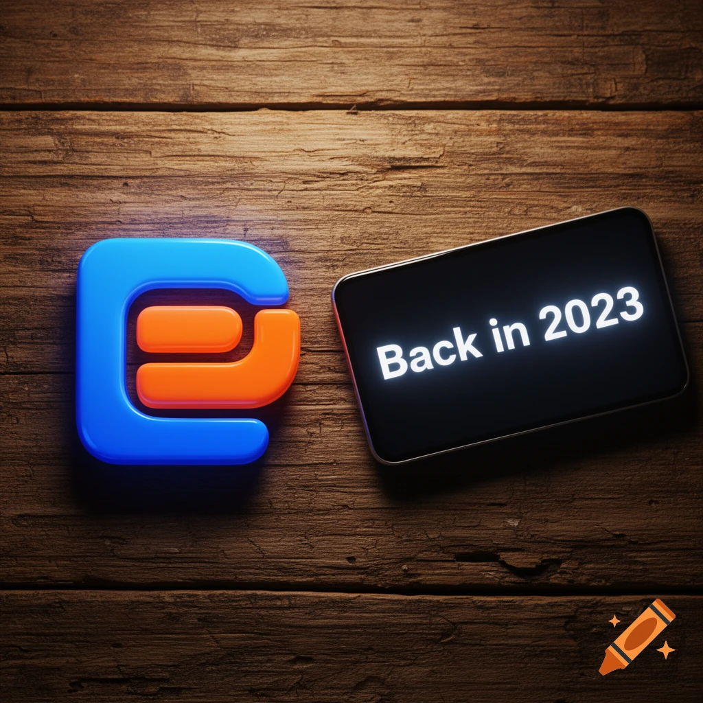 A blue and orange stylized logo next to a smartphone screen displaying "Back in 2023" on a wooden table.
