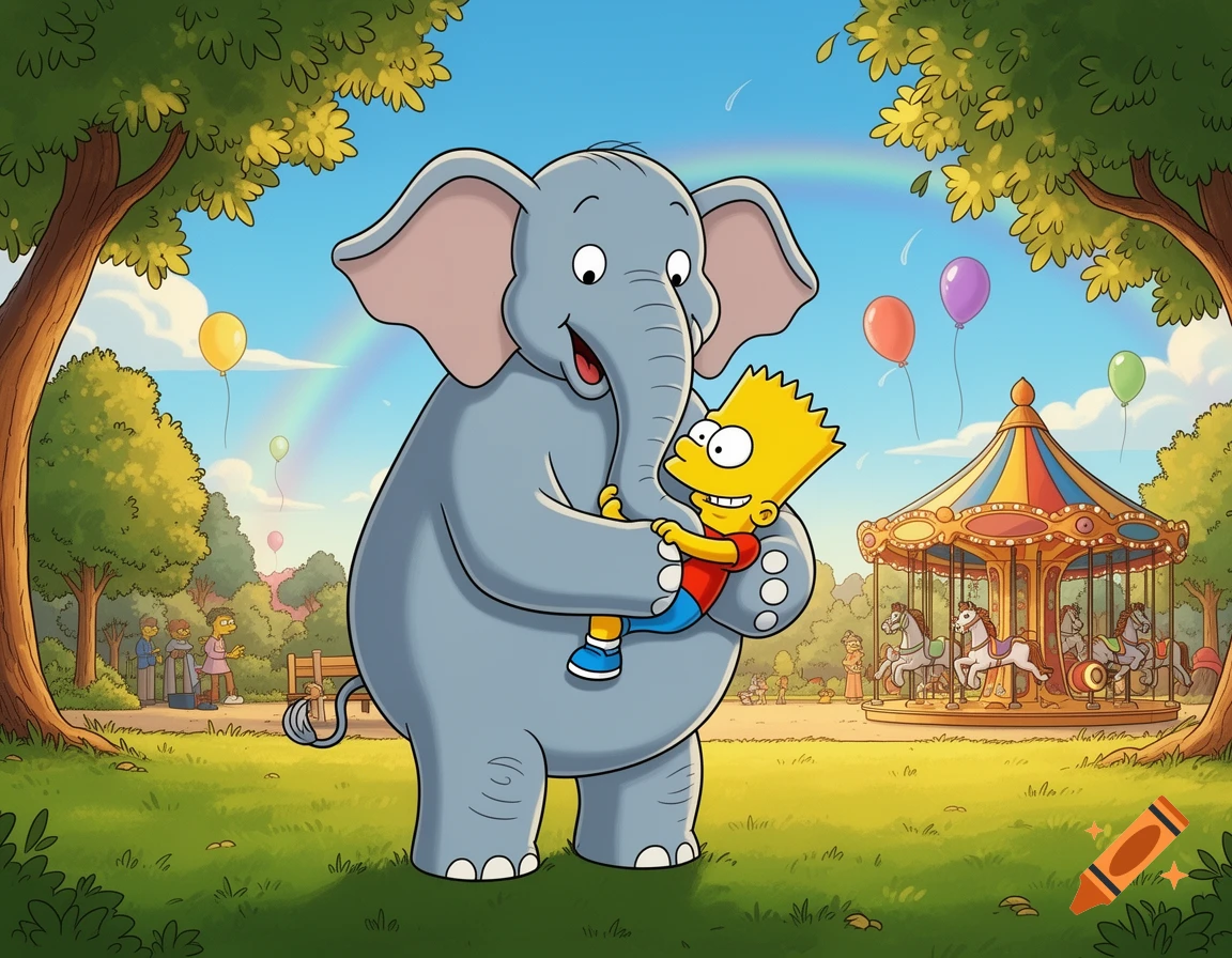 A happy cartoon elephant holds Bart Simpson in a sunny park with balloons, a rainbow, and a carousel in the background.