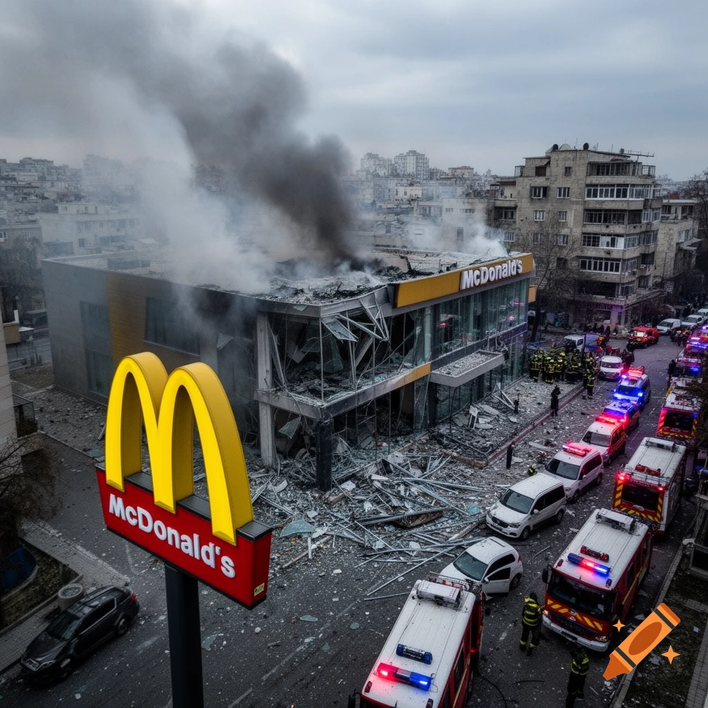 A photorealistic image showing a McDonald's building heavily damaged and on fire, with smoke billowing out, surrounded by emergency vehicles in an urban setting.