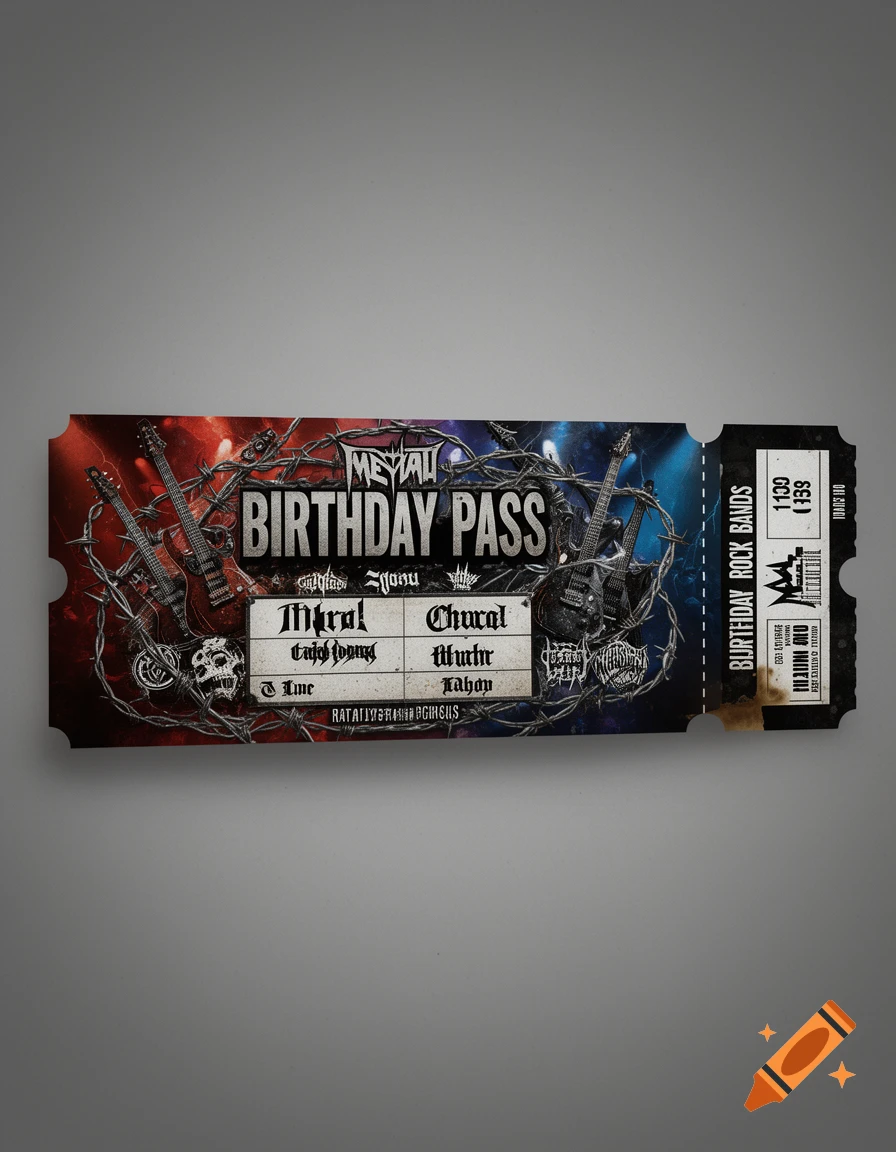 A metal-themed concert ticket for a 'Birthday Pass' featuring guitars, barbed wire, and skull accents against a red and blue background.