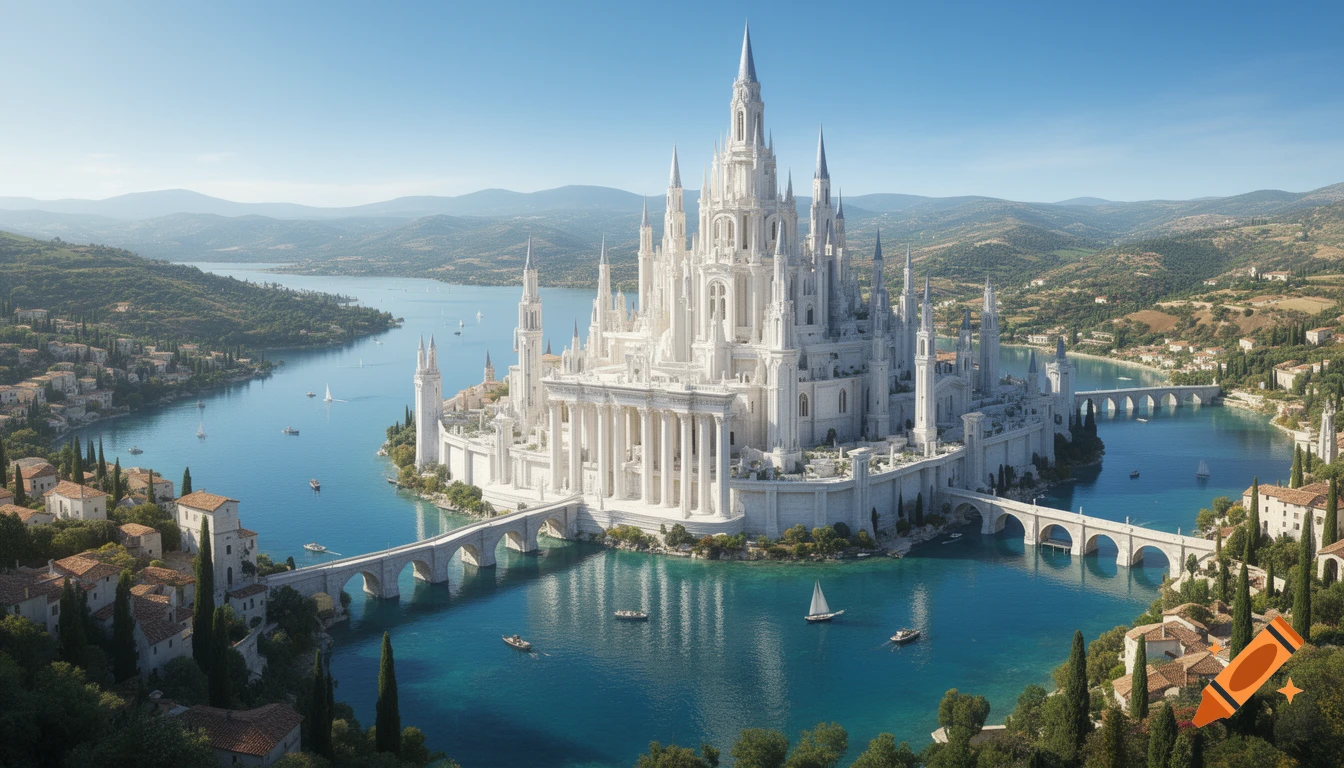 A grand white fantasy castle with many spires and pillars sits on an island in a blue lake, surrounded by green hills and Mediterranean-style villages.