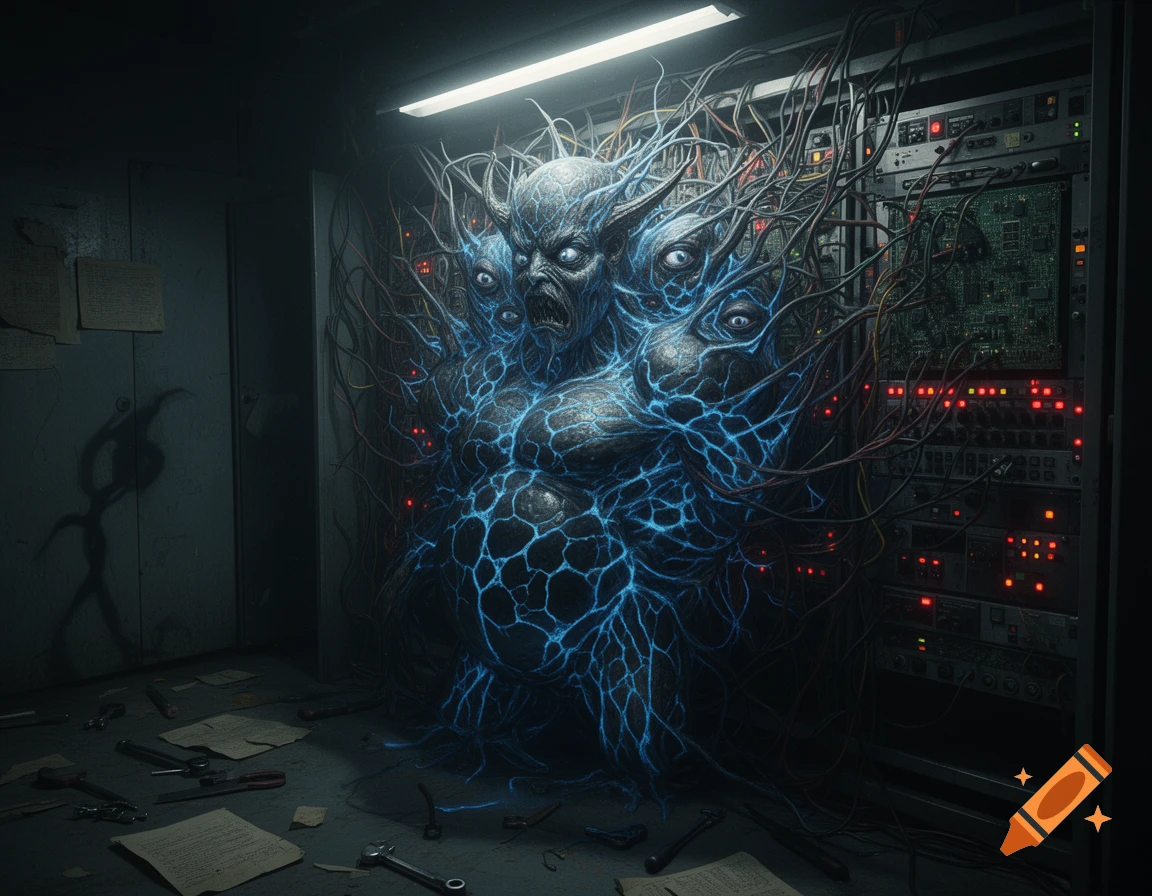 A multi-eyed, blue-glowing psychic demon with horns and sinews fused into a server rack in a dark, cluttered room.