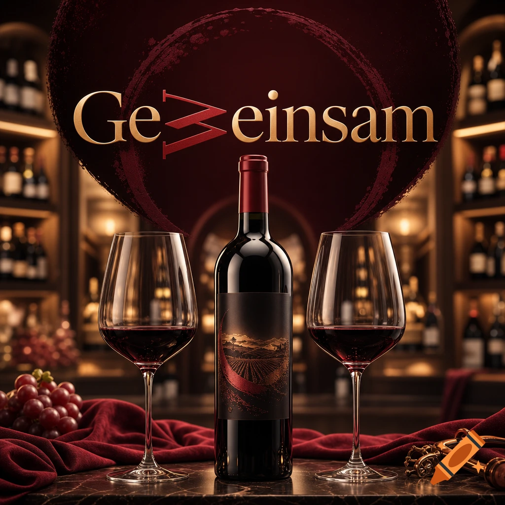 A photorealistic image of a red wine bottle and two full glasses, with grapes and a corkscrew on a table in a wine cellar. Golden text "GeWeinsam" with a stylized 'W' is above.