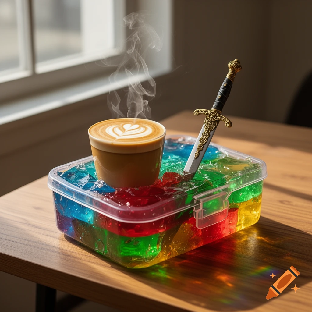 A clear plastic container filled with vibrant, multicolored jello cubes, holding a steaming latte with heart-shaped latte art and a decorative golden sword, on a wooden table near a window.