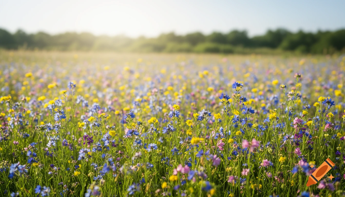 A vibrant, photorealistic field of blue, yellow, and pink wildflowers under a sunny sky with a blurred forest.