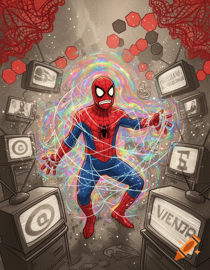 Confused Spider-Man entangled in colorful energy, surrounded by retro TVs showing symbols and text, in a comic book illustration style.