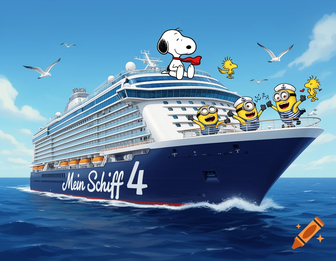 Snoopy, Woodstock, and Minions characters waving from the bow of the "Mein Schiff 4" cruise ship sailing on the blue ocean.