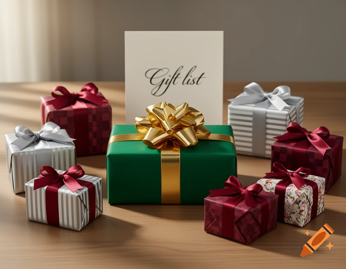 Several festively wrapped gift boxes in various colors, with a 'Gift list' card in the background, on a wooden surface.