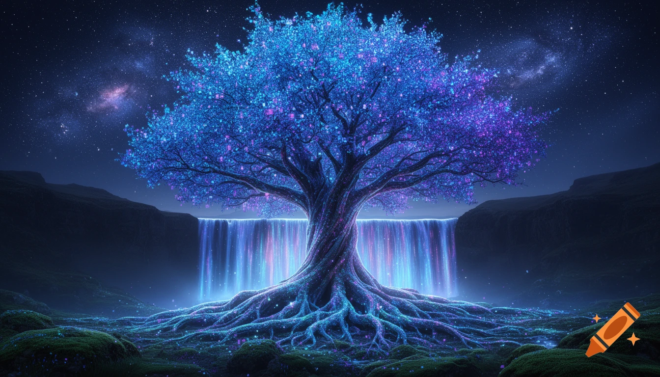 A vibrant blue and purple glowing fantasy tree with luminous roots and a glowing waterfall under a starry galaxy night sky.