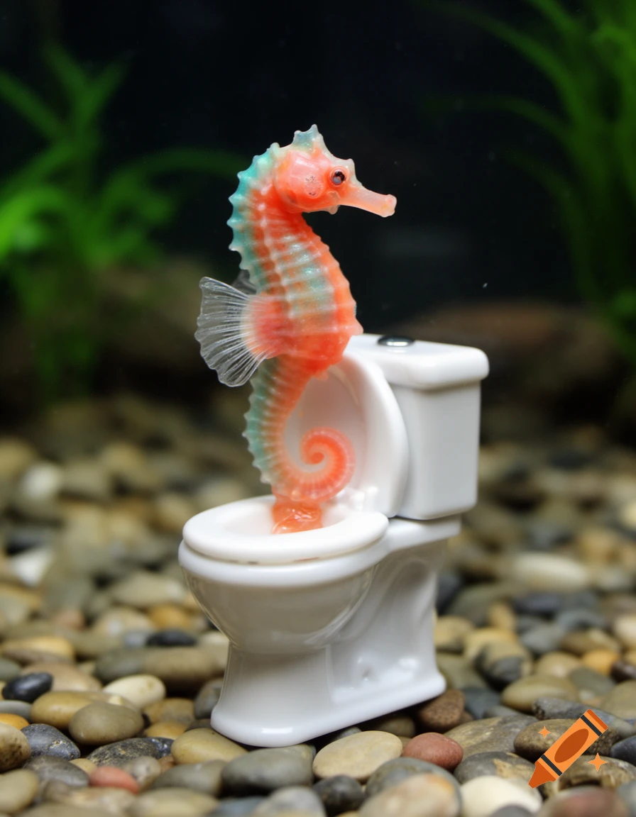 A vibrant orange and blue seahorse figurine sits on a tiny white toilet on a bed of pebbles.