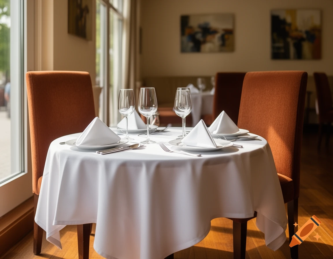 A well-lit restaurant table set for two with white tablecloths, folded napkins, glasses, and cutlery, with orange chairs and a window view.