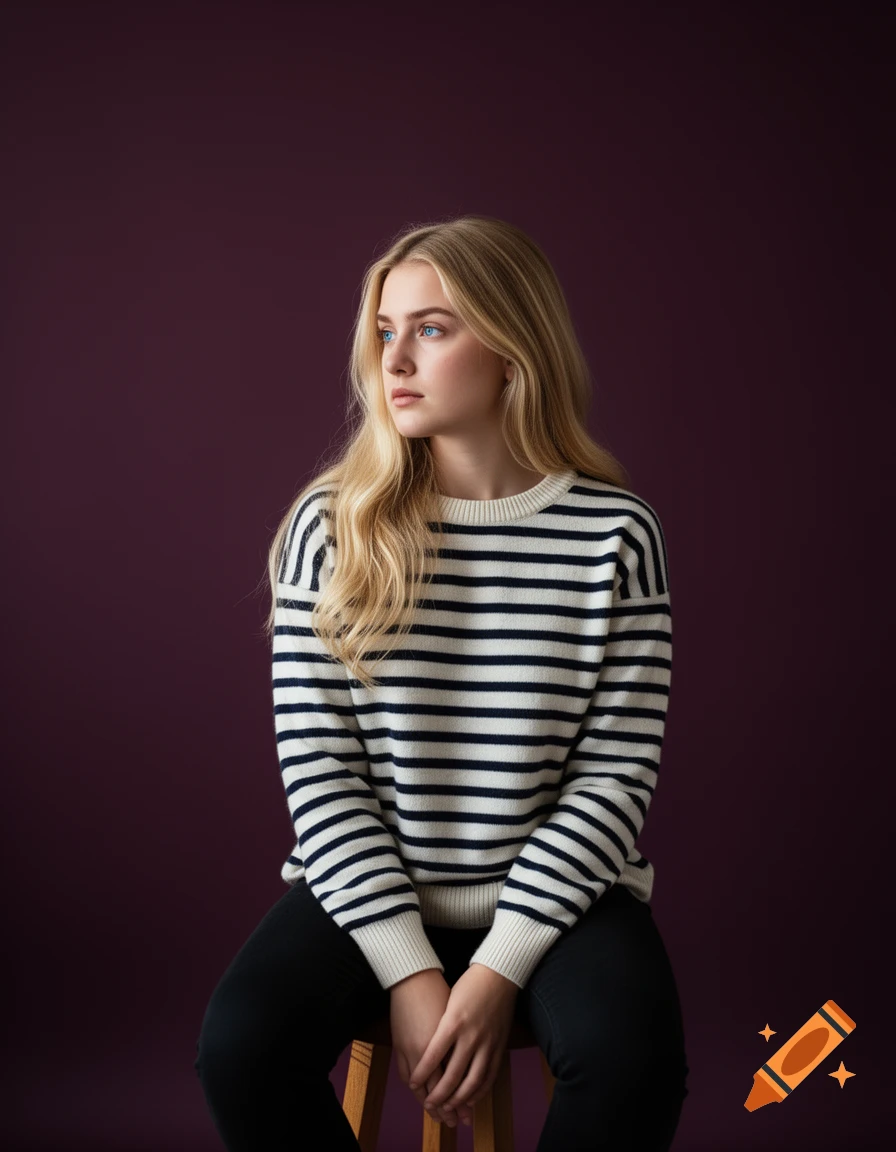 Photorealistic portrait of a blonde woman with blue eyes in a striped sweater, sitting on a stool against a purple background, looking pensive.
