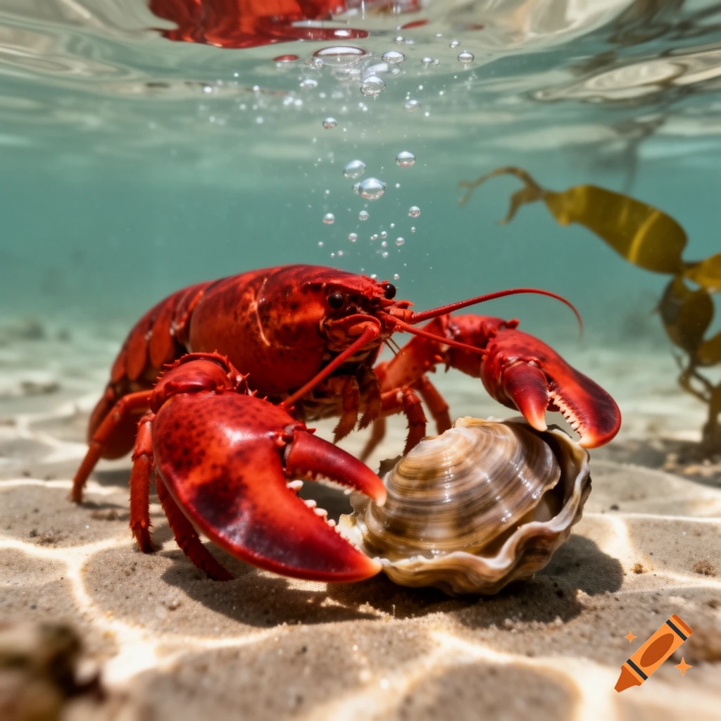 A vibrant red lobster holds a seashell on the sandy ocean floor under clear water, with bubbles rising and light patterns on the sand.