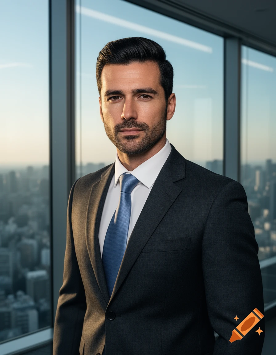 Photorealistic portrait of a handsome business man with dark hair and a beard, wearing a dark suit and blue tie, standing by a window with a city view.
