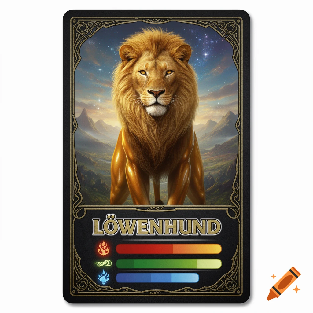 A fantasy trading card featuring a majestic golden lion in a mystical landscape under a starry sky, with 'LÖWENHUND' text and stats.